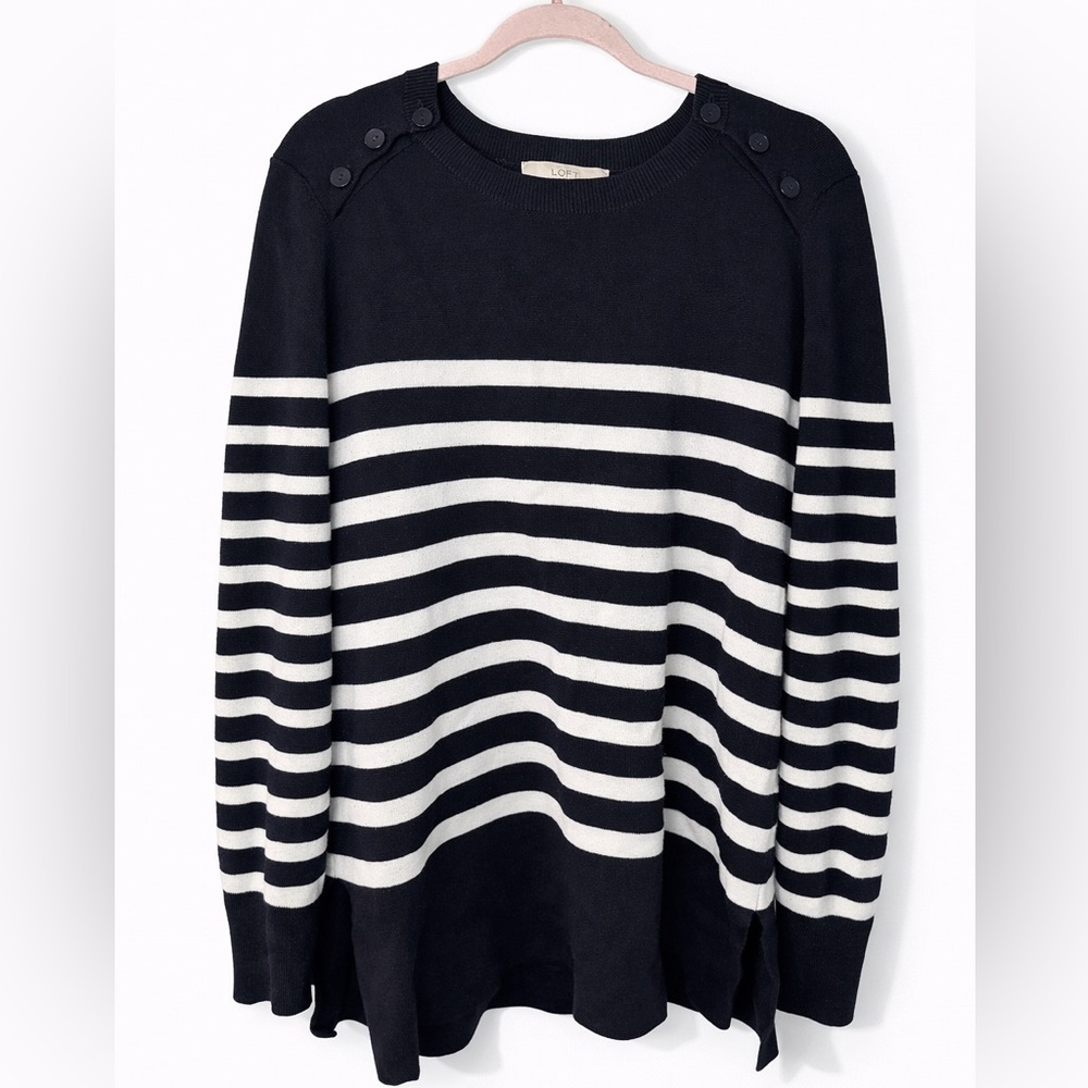 LOFT Women’s Navy & White Striped Sweater Size L Button Shoulder